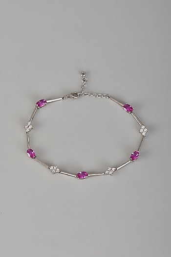 White Finish Pink Semi-Precious Stone Bracelet In Sterling Silver