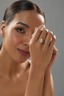 White Finish Yellow Sapphire Stone & Diamond Ring In Sterling Silver