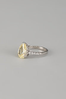 White Finish Yellow Sapphire Stone & Diamond Ring In Sterling Silver