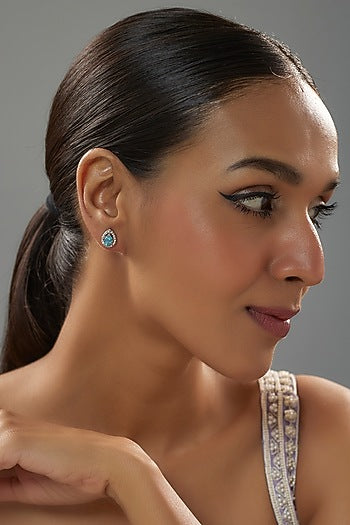 White Finish Halo Diamond & Aquamarine Gemstone Pear-Shaped Stud Earrings In Sterling Silver