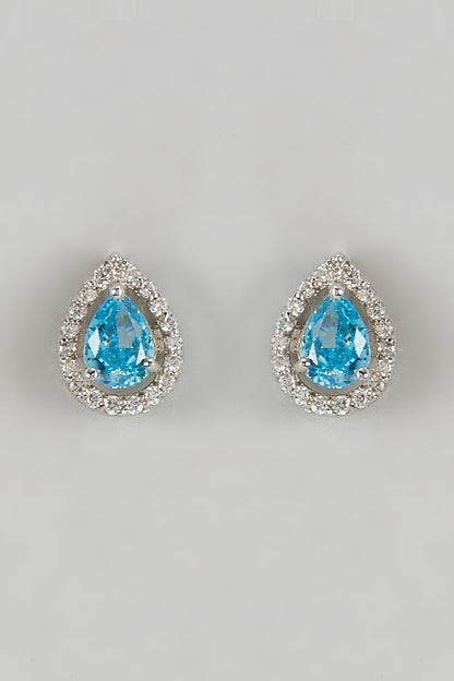 White Finish Halo Diamond & Aquamarine Gemstone Pear-Shaped Stud Earrings In Sterling Silver