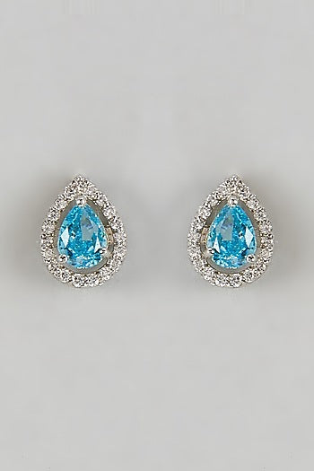 White Finish Halo Diamond & Aquamarine Gemstone Pear-Shaped Stud Earrings In Sterling Silver