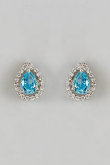 White Finish Halo Diamond & Aquamarine Gemstone Pear-Shaped Stud Earrings In Sterling Silver
