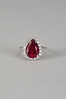 White Finish Diamond Halo & Ruby Semi-precious Stone Ring In Sterling Silver