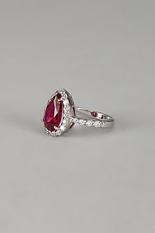 White Finish Diamond Halo & Ruby Semi-precious Stone Ring In Sterling Silver
