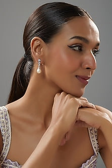 White Finish Pearl Drop Dangler Earrings In Sterling Silver