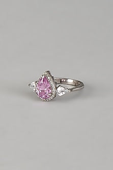 White Finish Pear-Shaped Diamond & Pink Sapphire Stone Ring In Sterling Silver