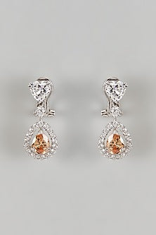 White Finish Zircon & Orange Sapphire Drop Dangler Earrings In Sterling Silver