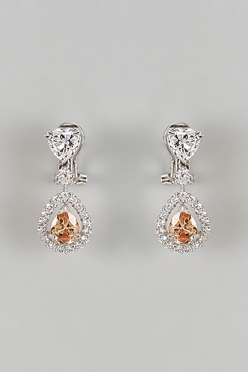 White Finish Zircon & Orange Sapphire Drop Dangler Earrings In Sterling Silver