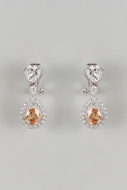 White Finish Zircon & Orange Sapphire Drop Dangler Earrings In Sterling Silver