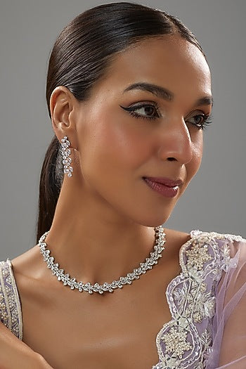 White Finish Pearl & Marquise Shaped Zircon Necklace Set In Hallmark Sterling Silver