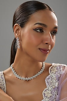 White Finish Pearl & Marquise Shaped Zircon Necklace Set In Hallmark Sterling Silver