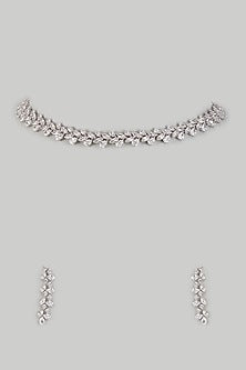 White Finish Pearl & Marquise Shaped Zircon Necklace Set In Hallmark Sterling Silver