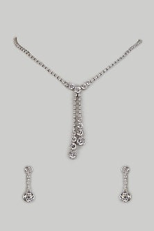 White Finish Zircon Solitaire Long Necklace Set In Sterling Silver