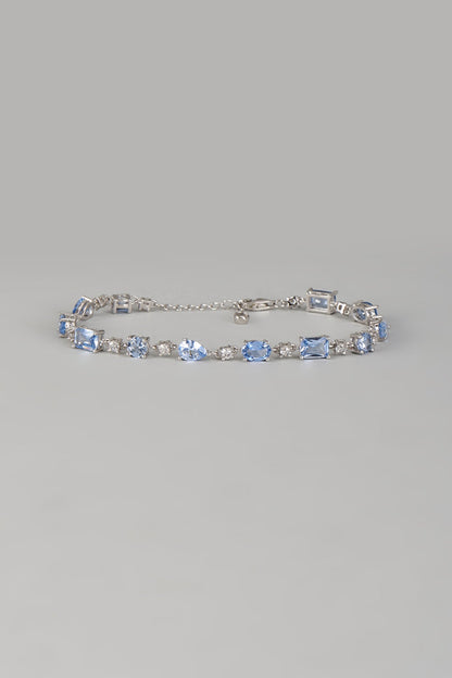 White Finish Aqua Blue Gemstone Tennis Bracelet In Hallmark Sterling Silver