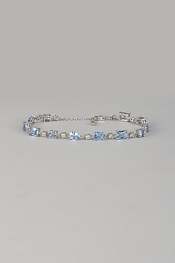 White Finish Aqua Blue Gemstone Tennis Bracelet In Hallmark Sterling Silver