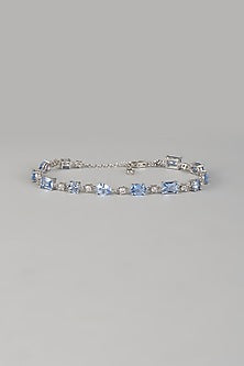 White Finish Aqua Blue Gemstone Tennis Bracelet In Hallmark Sterling Silver