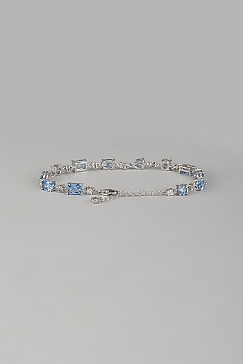 White Finish Aqua Blue Gemstone Tennis Bracelet In Hallmark Sterling Silver