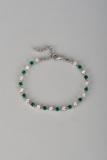 White Finish Diamond & Emerald Stone Bracelet In Sterling Silver