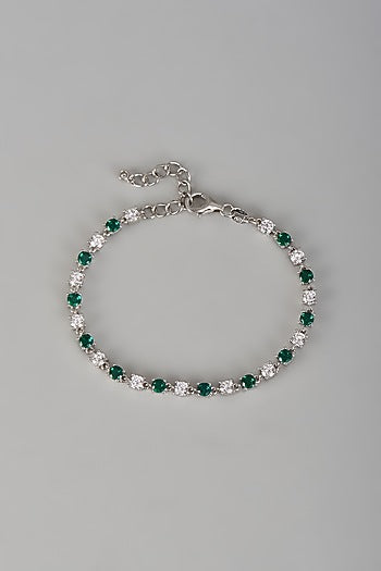 White Finish Diamond & Emerald Stone Bracelet In Sterling Silver