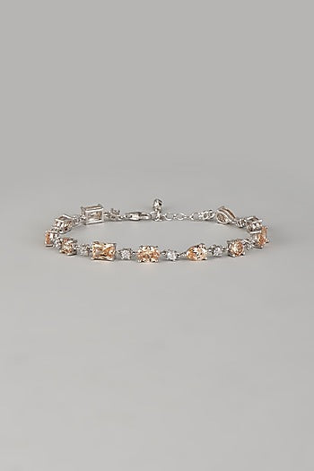 White Finish Orange Gemstone Tennis Bracelet In Sterling Silver