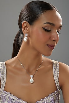 White Finish Baroque Pearl Pendant Necklace Set In Hallmark Sterling Silver