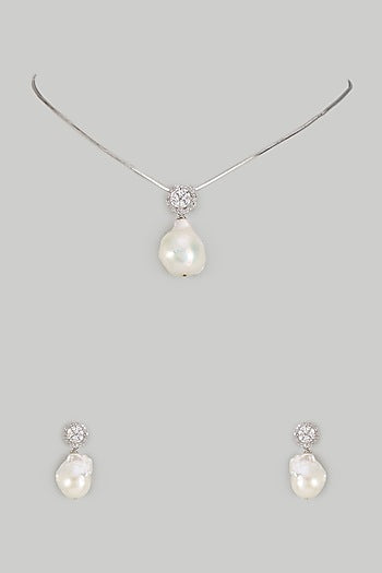 White Finish Baroque Pearl Pendant Necklace Set In Hallmark Sterling Silver