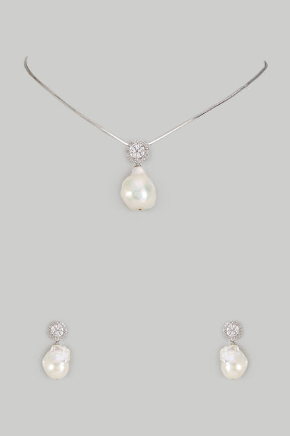 White Finish Baroque Pearl Pendant Necklace Set In Hallmark Sterling Silver