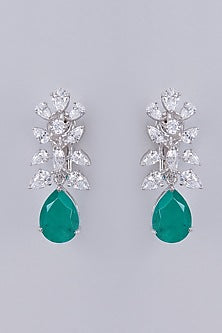 White Finish Emerald Dangler Earrings In Sterling Silver