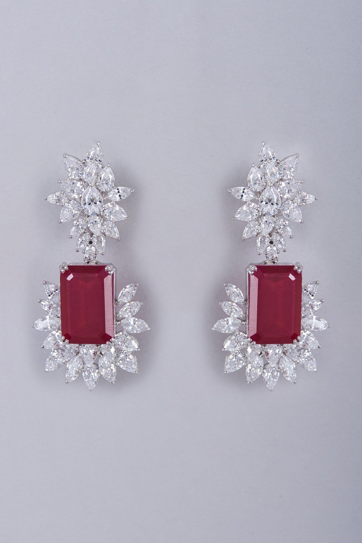 White Finish Semi-Precious Ruby Dangler Earrings In Sterling Silver