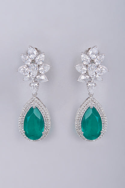 White Finish Semi-Precious Emerald Dangler Earrings In Sterling Silver