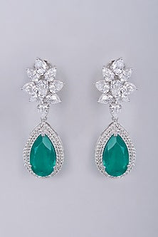 White Finish Semi-Precious Emerald Dangler Earrings In Sterling Silver