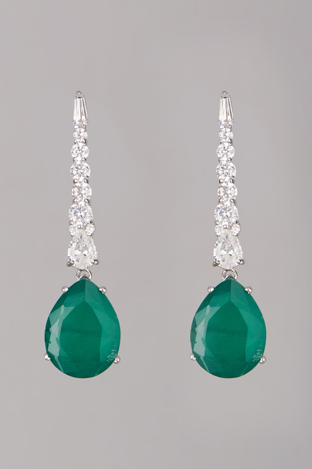 White Finish Emerald Stone Earrings In Sterling Silver