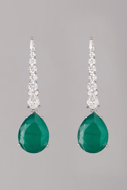 White Finish Emerald Stone Earrings In Sterling Silver