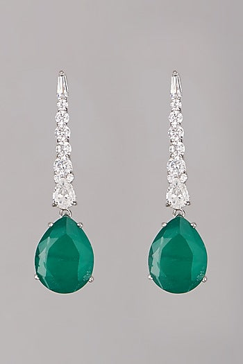 White Finish Emerald Stone Earrings In Sterling Silver