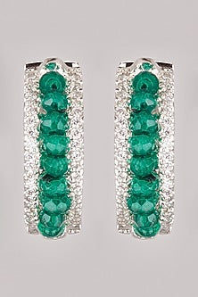White Finish Green Beaded Hoop Earrings In Sterling Silver