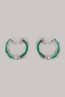 White Finish Green Beaded Hoop Earrings In Sterling Silver