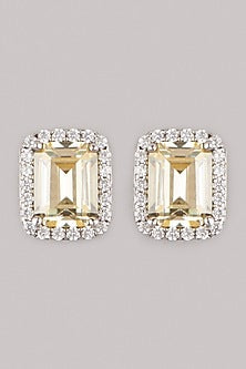 White Finish Yellow Sapphire Stud Earrings In Sterling Silver