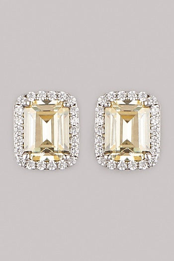 White Finish Yellow Sapphire Stud Earrings In Sterling Silver