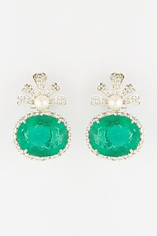 White Finish Semi Precious Emerald Dangler Earrings In Sterling Silver