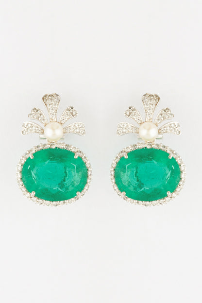 White Finish Semi Precious Emerald Dangler Earrings In Sterling Silver
