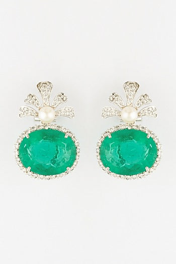 White Finish Semi Precious Emerald Dangler Earrings In Sterling Silver
