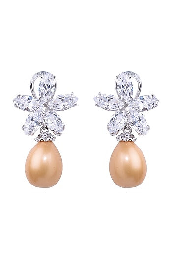 White Finish Cubic Zirconia & Pearl Earrings