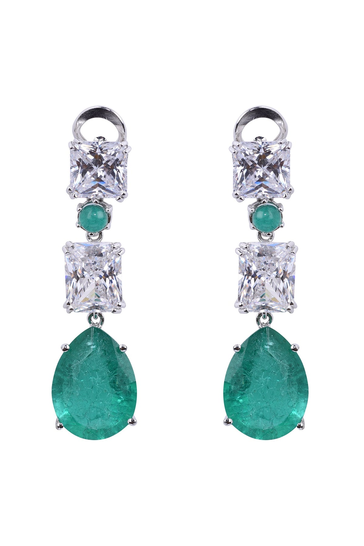 White Finish Earrings With Semi Precious Emeralds