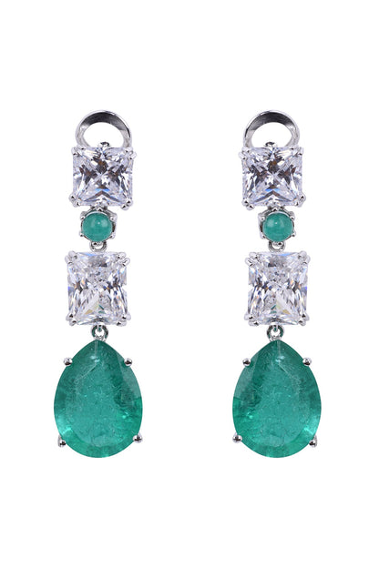 White Finish Earrings With Semi Precious Emeralds