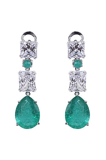 White Finish Earrings With Semi Precious Emeralds