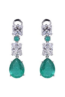 White Finish Earrings With Semi Precious Emeralds