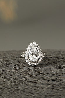 White Finish Pear Solitaire Ring In Sterling Silver