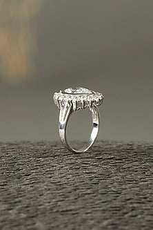 White Finish Pear Solitaire Ring In Sterling Silver