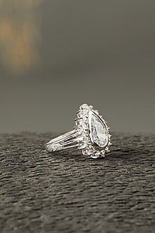 White Finish Pear Solitaire Ring In Sterling Silver